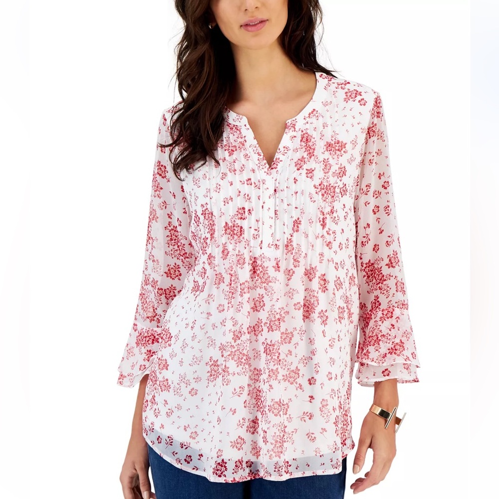 CHARTER CLUB RUFFLE SLEEVE RED FLORAL BLOUSE TOP LARGE SPLIT-NECK PINTUCK LINED